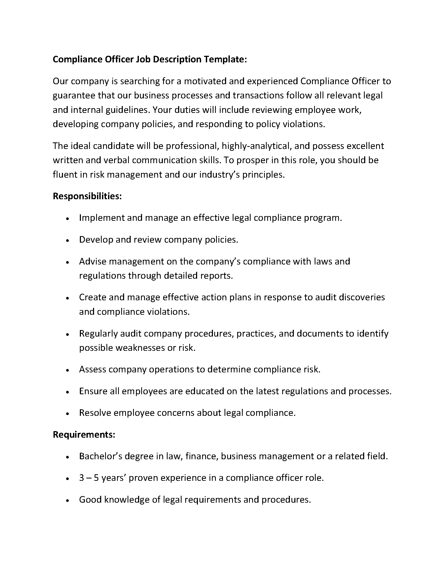 Compliance Officer Job Description Template